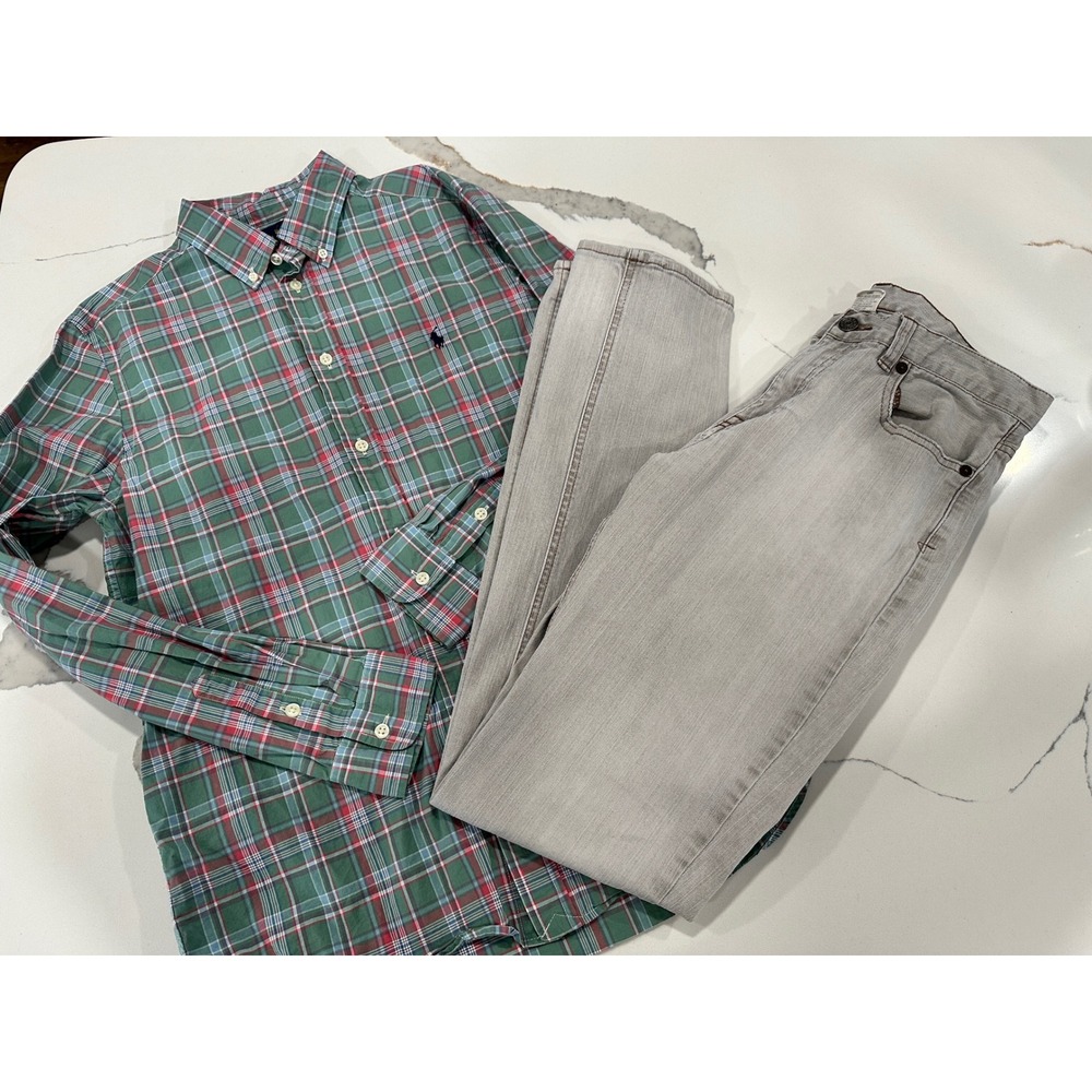 Ralph Lauren Kids Plaid Button Down Shirt & Grey Jeans Outfit Set XL 18